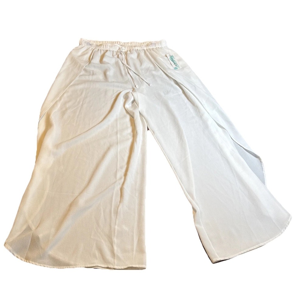 Freshwater‎ White Side Slit Pants XL (16-18) NWT Pull-On Elastic Waist Wide Leg